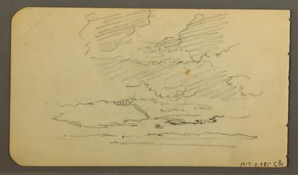 Man in boat, boulders, tree trunk, trees, 1878