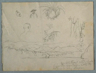River Bank with Mountains and Clouds, Three Botanical Sketches and Busts Studies of Men with Hats, 1853
