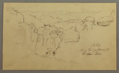 Sketch. View of Khirbet en Wasara "Petra / from the pathway to / El Deir", possibly February 26, 1868
