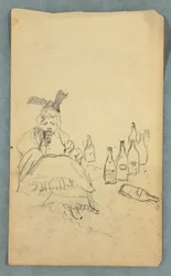 Woman drinking, wine bottles, recto; Shopping List for Mount Katahdin Climb, verso, Fall 1878?