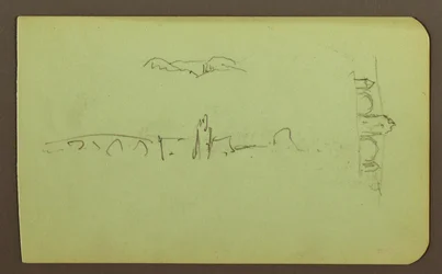 Hills, Church, Bridge; Figure, Cross, Church, 1883