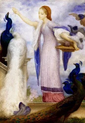 Young Girl Feeding Peacocks. She Is Dressed in Antique Style. Painting by Lord Frederic Leighton (1830-1896) (Pre-Raphaelite)