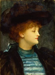 Portrait of Woman in Turquoise Dress With Black Coat and Hat
