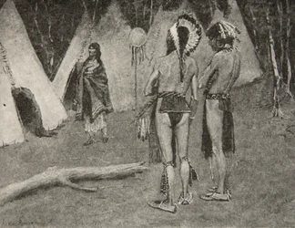 And her lovers, the rejected,... Handsome men with paint and feathers, from The Song of Hiawatha by Henry Wadsworth Longfellow, published by George G. Harrap and Company Ltd., 1911