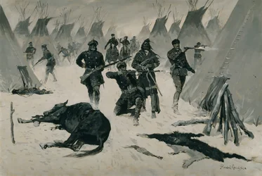 The Defeat of Crazy Horse (The Defeat of Crazy Horse by Colonel Miles, January 1877, Winter Attack on an Indian Village) c.1901, possibly c.1896