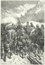 Napoleon leading his army over the Alps