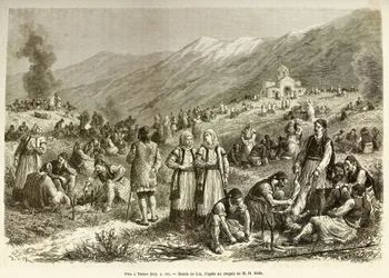 A feast in Thebes, that of the careme of the Virgin, bringing together all the inhabitants of the city and the surrounding area, each family robs a sheep for the occasion, in the foreground, men prepare the animal before cooking it. Engraving after the dra