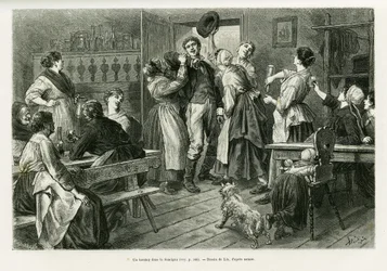 A hirtztag, a kind of carnival where everything is allowed for women, in the Sundgau. Engraving by Lix to illustrate the story 