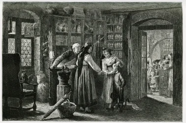 At the pharmacist of the village of Kaysersberg, an emergency consultation. Engraving to illustrate the story 