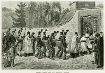 Burial of a Minor. Engraving by Lix, to illustrate the story 