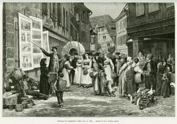 Lament singer in the streets of Barr. Engraving by Lix, to illustrate the story 