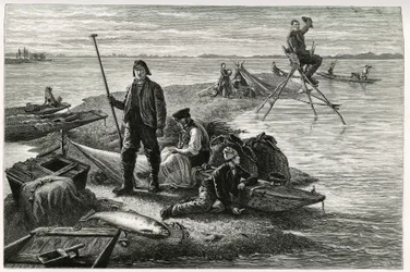 Salmon fishing. Engraving by F.Lix, to illustrate the story 