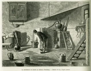 The distillation of the kirsch at the castle of Isenburg. Engraving to illustrate the story A Through Alsace and Lorraine, in 1887, by Charles Grad, in the tour du monde 1888, directed by Edouard Charton, Hachette, Paris.