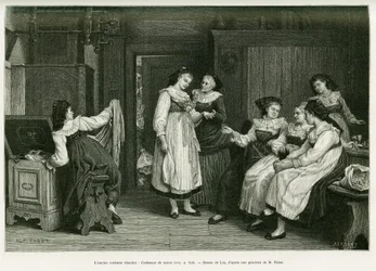 The old Alsatian costume. Engraving after a painting Present de Noces by Pabst, to illustrate the story A Through Alsace and Lorraine, by Charles Grad, in 1885, in the tour du monde 1887, under the direction of Edouard Charton.