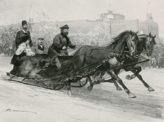 A Sleigh with Blue Silk Net, to prevent the Snow from spraying the Occupants, the Kremlin in the Background