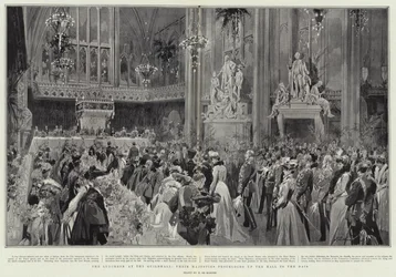 The Luncheon at the Guildhall, Their Majesties proceeding up the Hall to the Dais