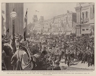 The Naval Brigade in the City, the Lord Mayor at the Mansion House watching the Procession pass by