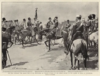 The Tsar watching the March Past of his Bodyguard at the Spring Review on the Champs de Mars, St Petersburg