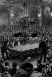 The grand international billiard match between Mr. Slosson and Mr. Vignaux in the Zodiaque room at the Grand Hotel de Paris