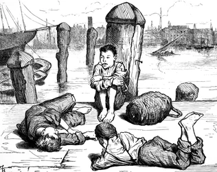 Destitute London boys passing the time by smoking