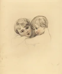 Portrait of the Calmeady children in an embrace. Hand-tinted engraving by Frederick Christian Lewis after an illustration by Sir Thomas Lawrence from P.G. Patmore’s Cabinet of Gems, Ackermann, London