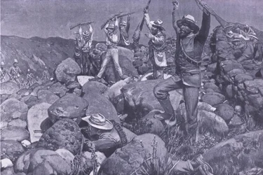 The feigned surrender which drew the Liverpools into a desperate position (illustration from After Pretoria: The Guerilla War, 1902)