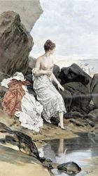 Woman by the Sea Bathing in Hiding - Allegory of Summer, Calendar Illustrated by Hubert Dys, Painted by F.H. Kaemmerer