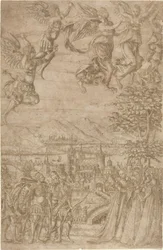 A King and His Retinue Confronting Ladies under a Celestial Battle