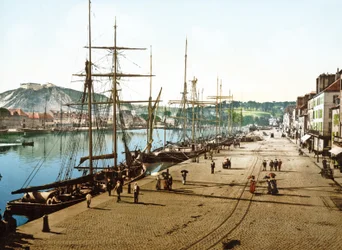 Boats Docked in Cherbourg with the Old Fort in the Background, 1890-1900