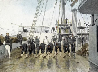 French Navy, late 19th century: Washing the deck
