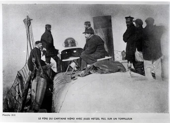 Jules Verne (1828-1905) and Jules Hetzel Son on a Torpedo