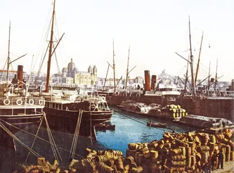 Wine Barrels and Boats at the Quayside in Marseille with Marseilles Cathedral in the Background