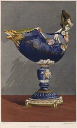 16th Century Gondola Shaped Cup Inlaid with Lapis Lazuli, Mounted in Enamelled and Silver Gilt (from Dictionnaire de Lameublement et de la Decoration by Henry Havard, Volume 2)