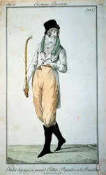 18th century fashion: Parisian suit with large collar, trousers with boats. Paris, Musee du Costume
