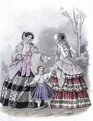 2 Fashionable Women with a Girl on a Walk - in Journal des Demoiselles 1852