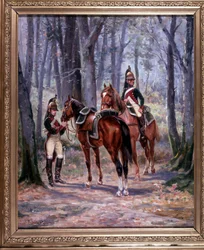 2 riders of the 8th Dragons, gone as scouts, painting by De Villeneuve, military painter late 19th century