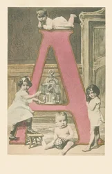 Four young children, a cage and a cacatoes