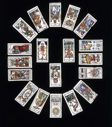 French stoneware tile panel, decorated with a deck of Marseilles Tarot cards