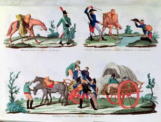 A Hussar carrying fodder, a cavalryman and an infantryman quenching his thirst and a military ambulance