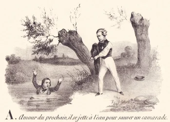 A: Love of neighbor, he throws himself into the water to save a comrade