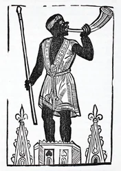 A Moor standing on a tower blowing a horn to wake the dead and gather them in the valley of Josaphat