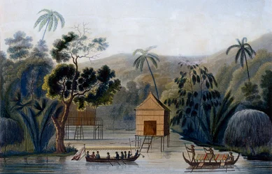 A Spirit House on stilts in Offak Harbour, Waigou Island, from Voyage autour du Monde sur la Corvette Coquille by Lieutenant Louis Isodore Duperrey, 1826