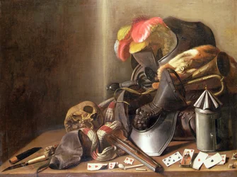 A Vanitas Still Life with a Skull, Playing Cards and Armour