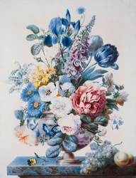A Vase of Flowers on a Ledge with Grapes and Peaches