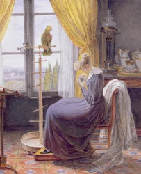 A Woman Feeding a Parrot in an Interior