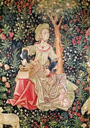 A Woman Spinning (detail) from Le Travail de la Laine, part of La Noble Pastorale, c.1500