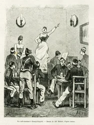 A Cafe Singing in Bourg Leopold. Engraving by A. Hubert to illustrate the story La Belgique, by Camille Lemonnier, in Le Tour du Monde 1886, directed by Edouard Charton, Hachette, Paris