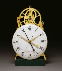 A close up view of the dial and movement of a Louis XVI ormolu and patinated bronze-mounted mahogany longcase regulator with year calendar and equation of time, c.1790