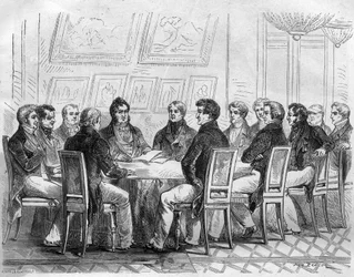 A conciliable of deputies of the bourgeoisie at the Palais Royal in Paris under Charles X and the Restoration. Engraving in “Histoire des Papes-Rois-Queen and Empereurs a travers les centuries” by Maurice Lachatre