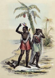 A couple and a baby on a beach; illustration for the Marquesas Islands in "The Twelve Nations" by M. E. Fouinet